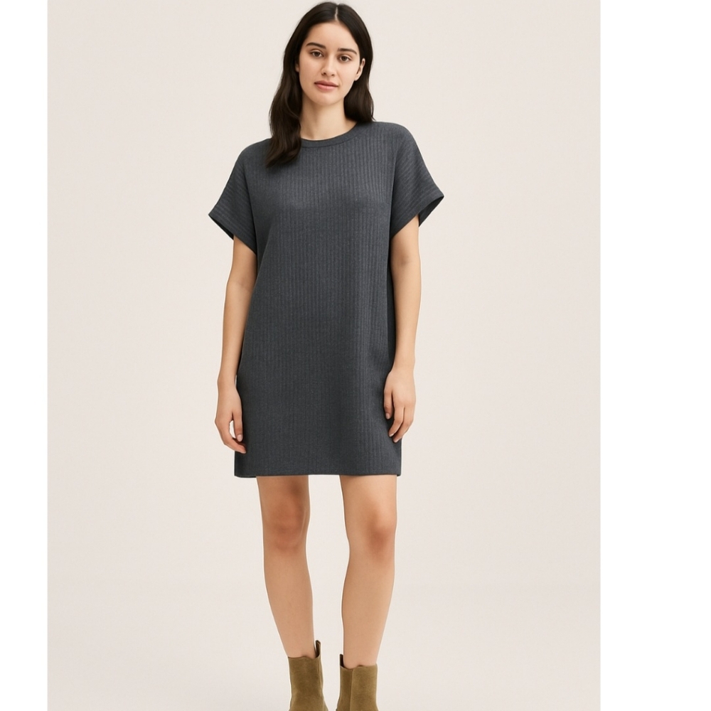 ZARA Mini Dress Soft Wide Grey Rib Texture Crew Neck Roll‎ Sleeves Size Small